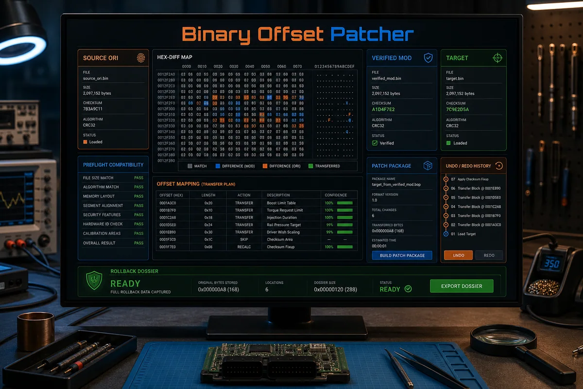 TuningSuite Binary Offset Patcher — product workflow visual