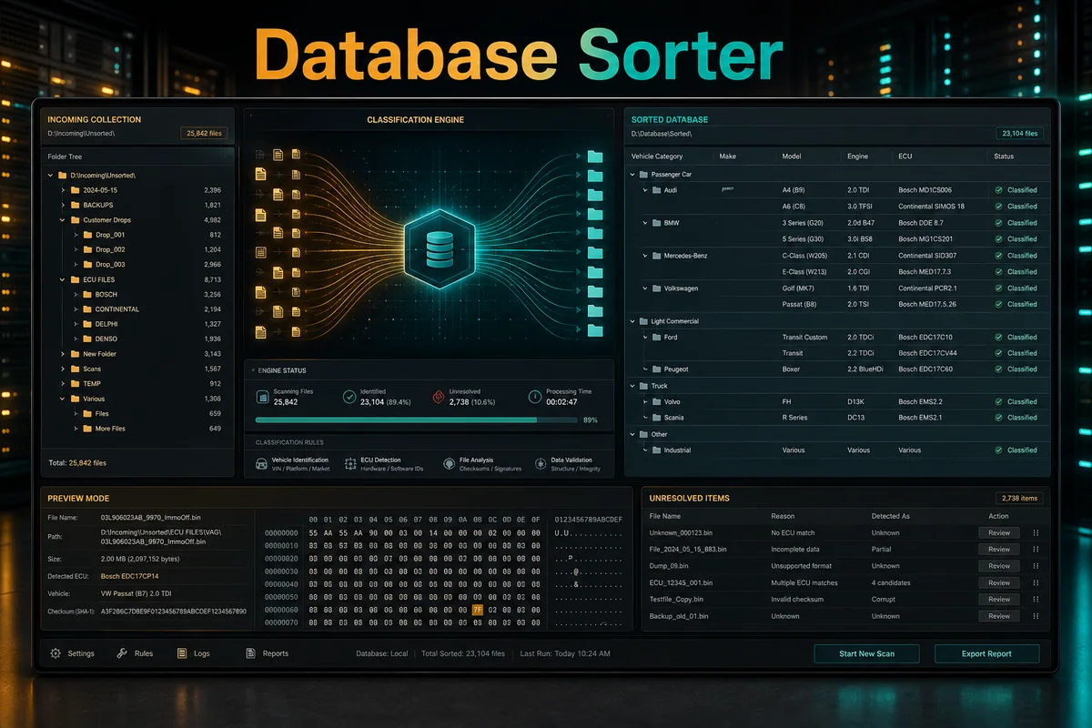 TuningSuite Database Sorter — product workflow visual